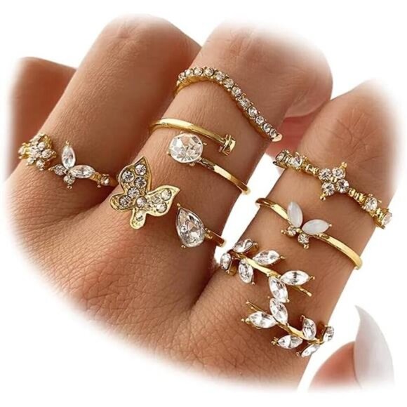 BOHO 8-Piece Elegant Gold Crystal Adjustable Midi Ring Set – Butterfly & Floral - Picture 1 of 7